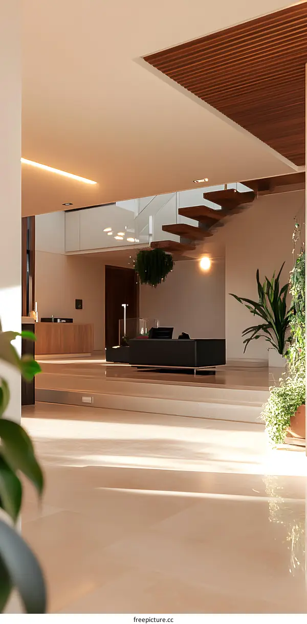 Modern Minimalist Interior Design with Glass Staircase and Wooden Ceiling