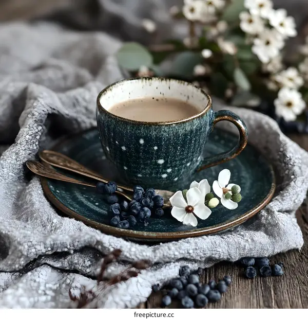 Coffee Cup with Blueberries and Flowers on a Grey Cloth