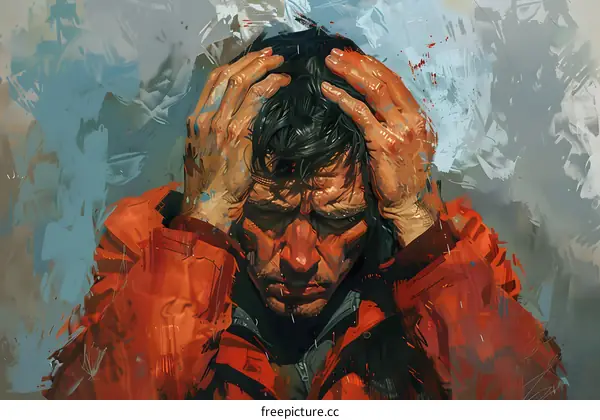 A man in an orange jacket holding his head in his hands