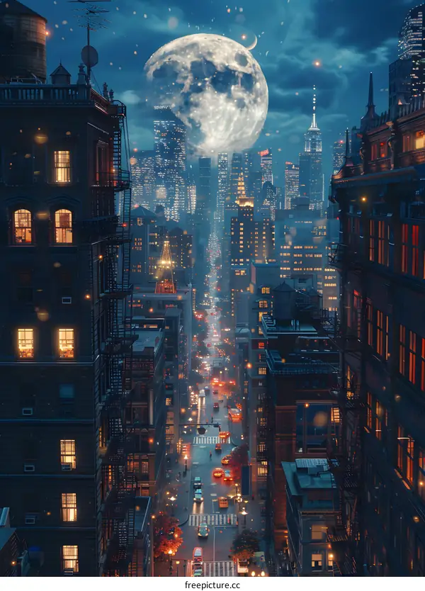 The moon flying over the city street