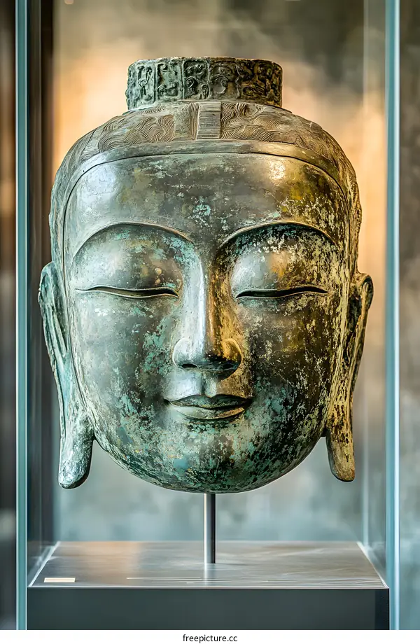 Ancient Bronze Buddha Head Sculpture on Display