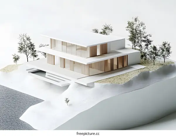 Modern Minimalist House Design with Trees and Water