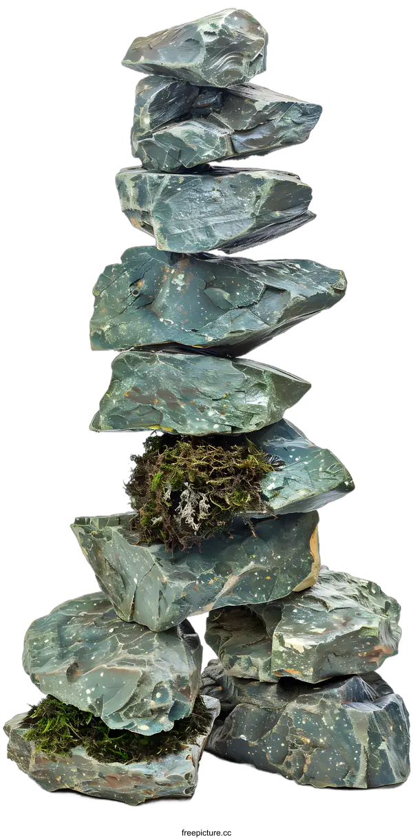 [Transparent Background PNG]Green Slate Stones Stacked Isolated On White Background