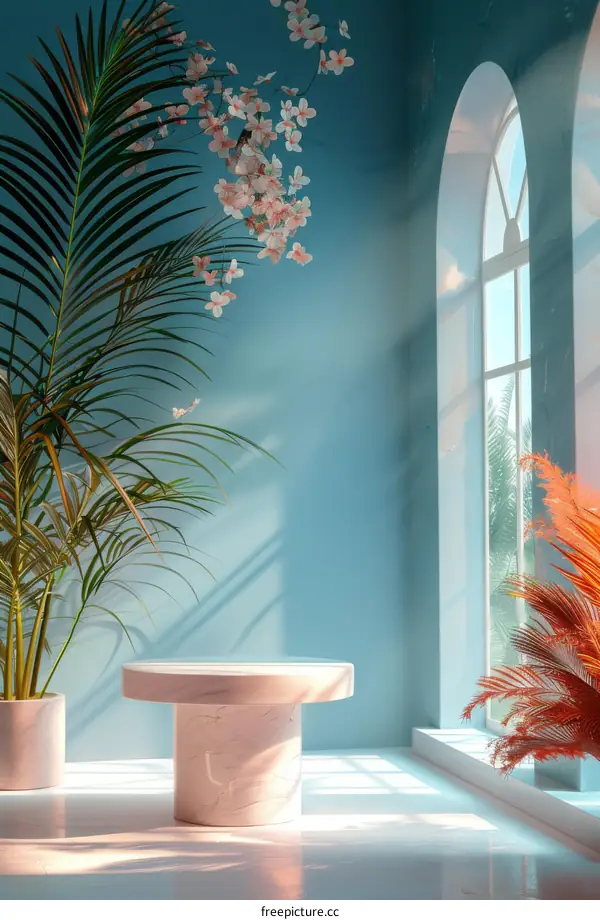 Pastel Blue Room with Round Table and Flowers