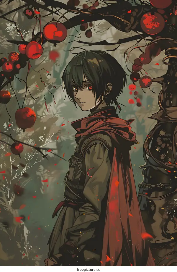 Anime Character With Red Eyes and A Red Cloak Standing in Front of A Tree