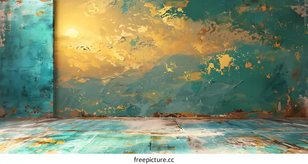 Green and Gold Abstract Wall with Wooden Floor