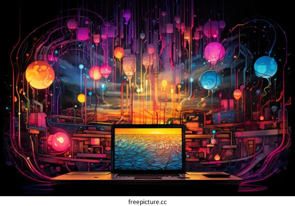 A laptop sits on a desk in a room filled with colorful lights and strange machines.