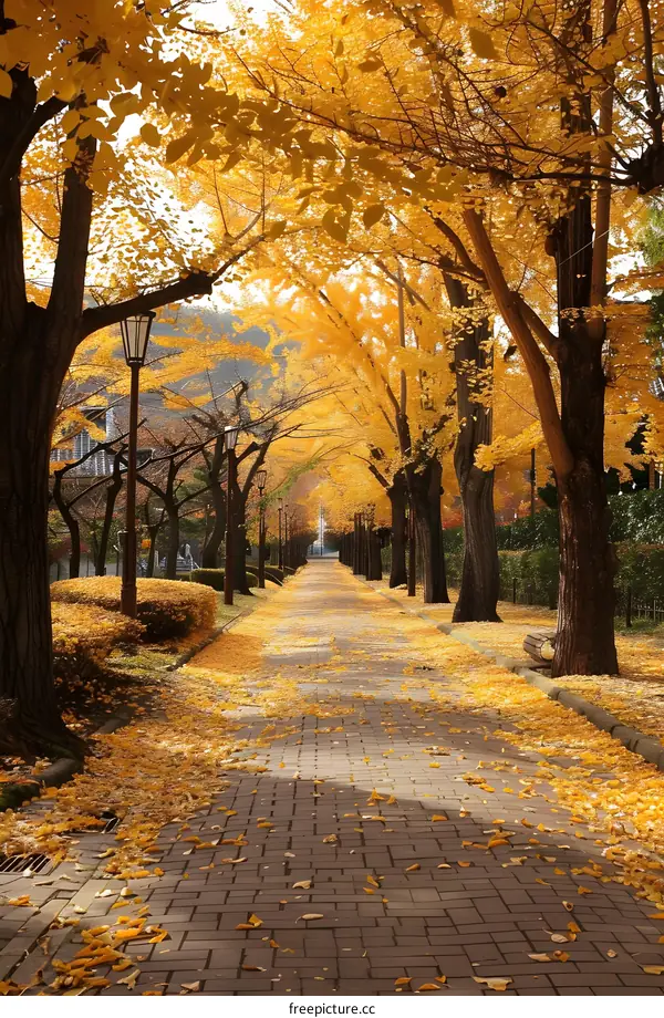 Golden Autumn Path, Ginkgo Trees, Sunlight