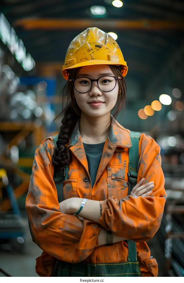 portrait of a female industrial worker wearing a hard hat and safety glasses
