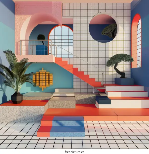 A colorful and geometric Memphis style interior space with stairs