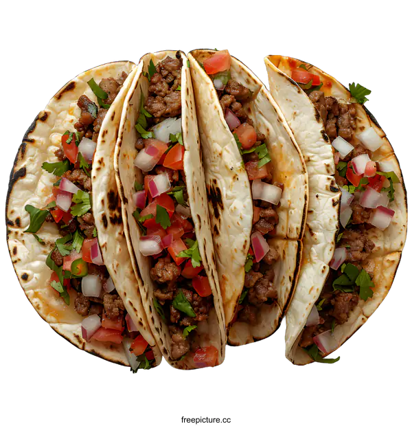 [Transparent Background PNG]Four delicious tacos with ground beef, tomatoes, onions and cilantro