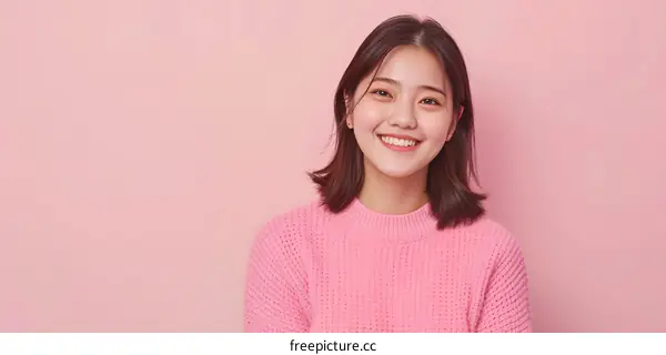 Smiling Asian Woman in Pink Sweater Against Pink Background