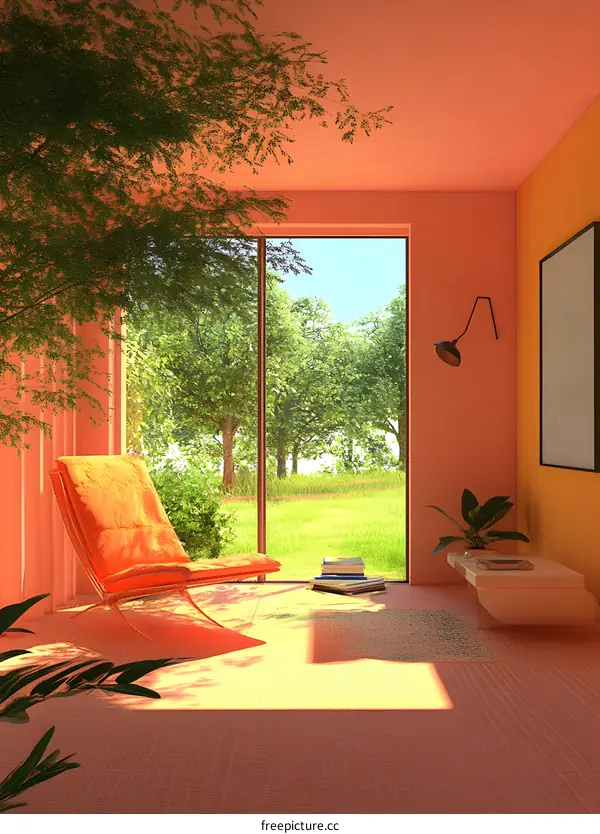 Modern Living Room with Large Window and View of Nature