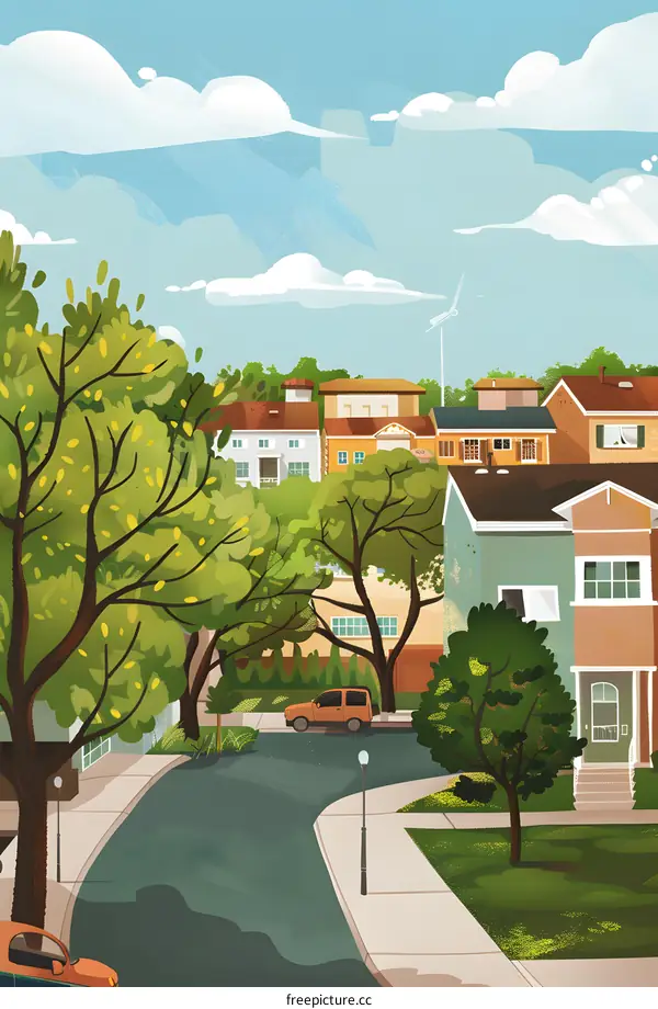 Summer Day Suburb Illustration with Houses and Trees