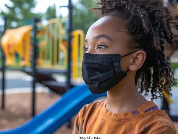 Little girl wearing a mask at the playground