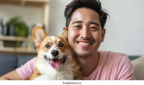 Asian man smiling with his pet dog