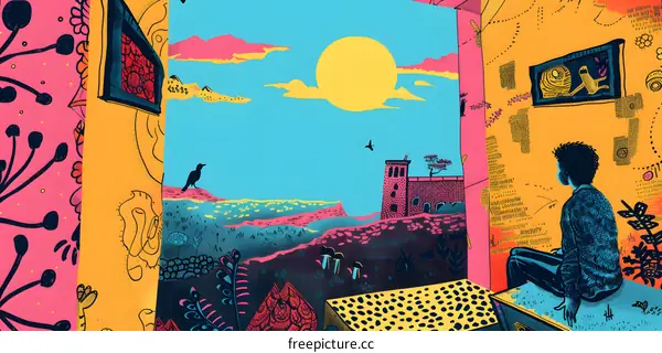 Colorful Illustration of a Person Looking at a Window View