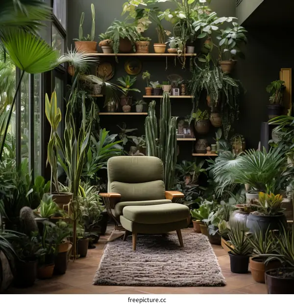 Indoor Garden Haven with Lush Greenery and Comfy Chair