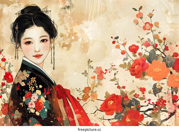 An illustration of a beautiful woman in a traditional Korean hanbok
