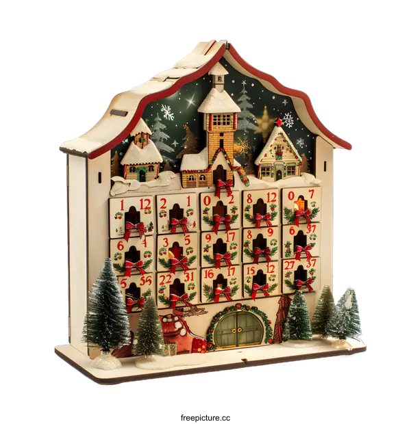 [Transparent Background PNG]Wooden Christmas Advent Calendar House with Snow
