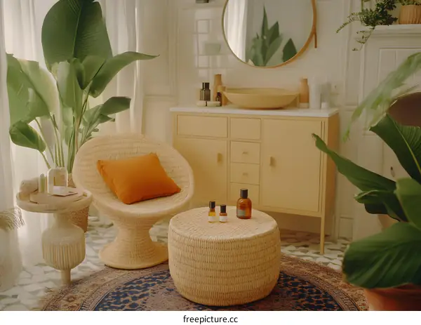 Bohemian Bathroom Decor with Wicker Chair and Plants