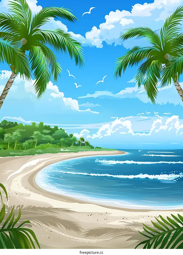 Tropical Beach Landscape With Palm Trees and Blue Sky