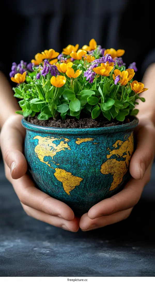 Hands Holding a World Globe Plant Pot with Flowers