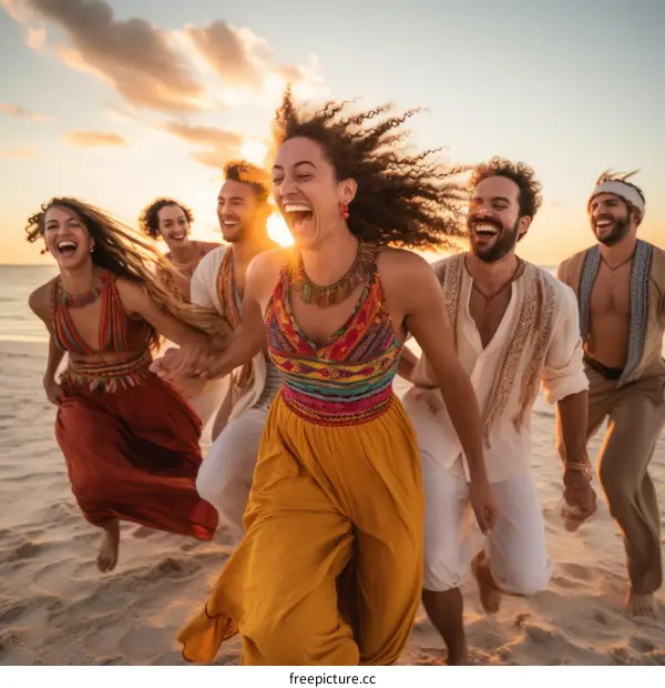 carefree friends laughing and running on beach at sunset