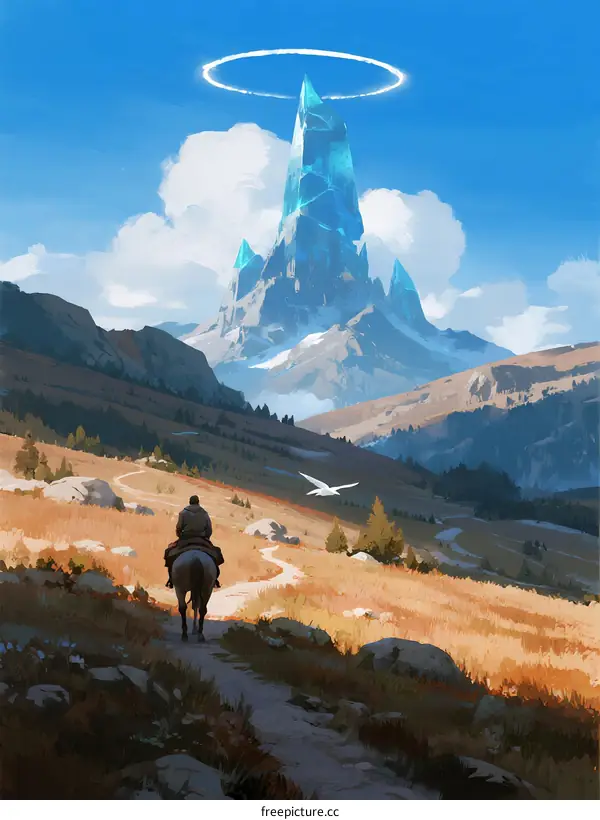 A Lone Rider Approaching a Glowing Crystal Mountain with Halo