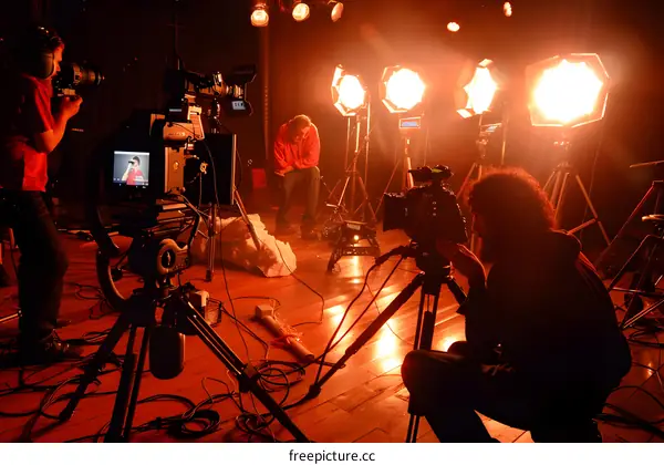 Film Production Set With Camera, Crew, And Lighting