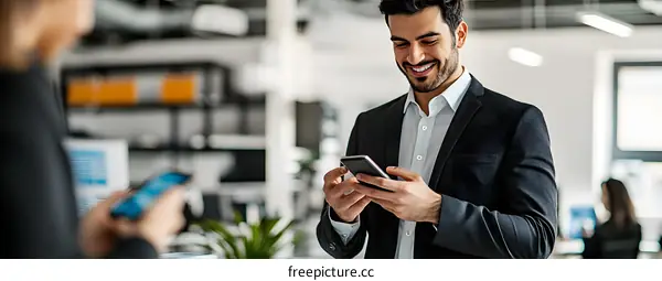 Businessman Using Smartphone in Modern Office