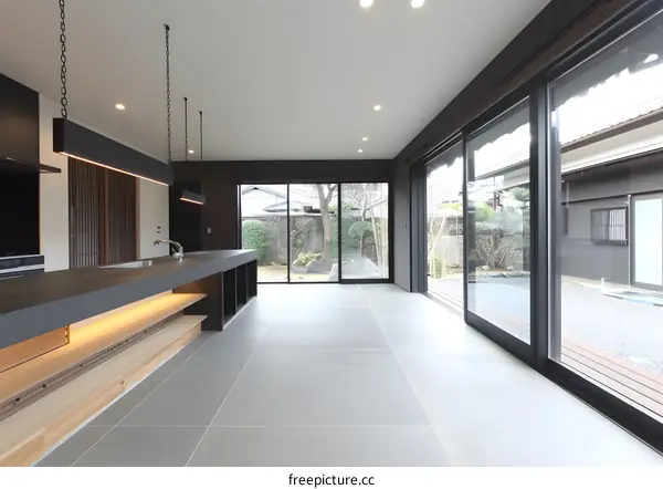 Modern Kitchen Interior Design With Sliding Doors and  Natural Light