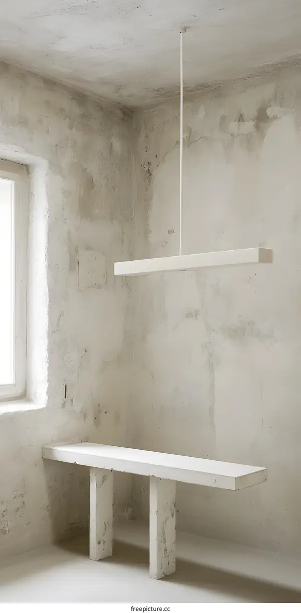 Minimalist Interior Design With Concrete Bench and Hanging Light Fixture