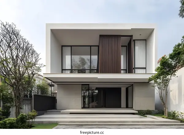 Modern Minimalist Two Storey House with Large Windows and Wood Accents