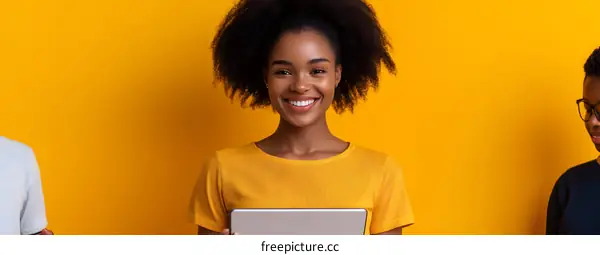 Happy African American Woman Holding Tablet Against Yellow Background