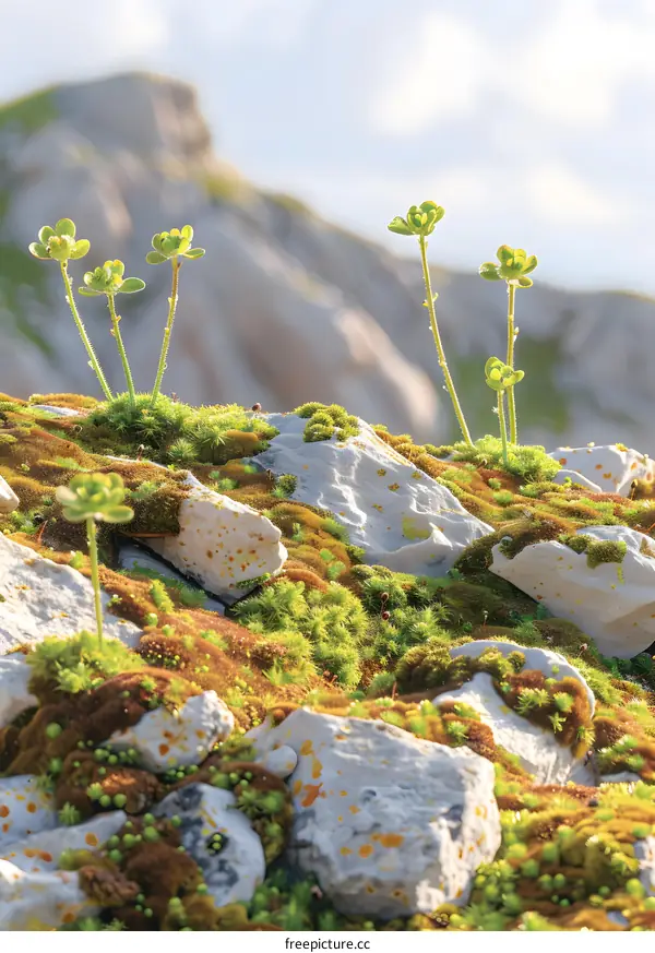 Green Plants Growing On Rocks In A Mountainous Area