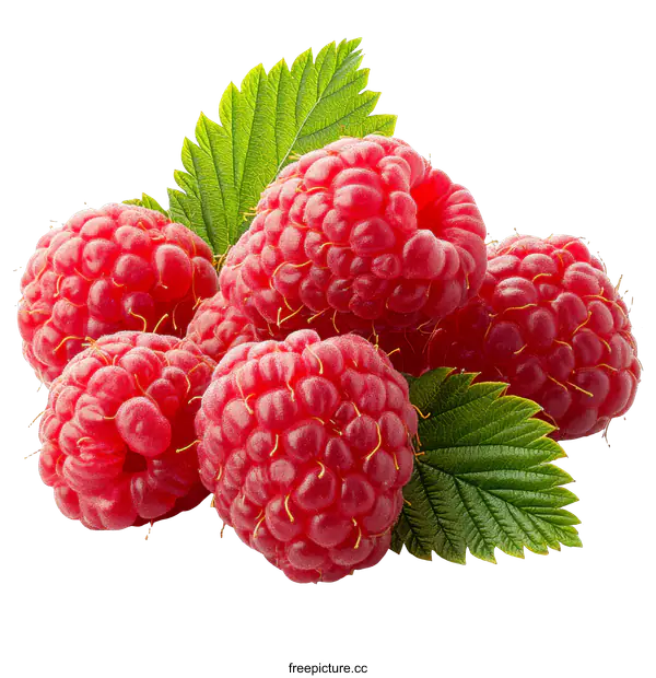 [Transparent Background PNG]Close-up of Fresh Raspberries with Leaves
