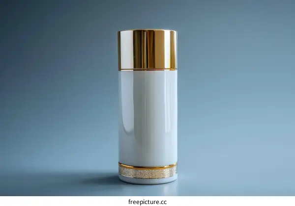 A studio shot of a white and gold colored perfume bottle against a blue background