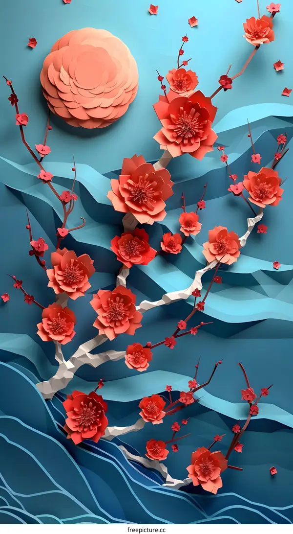 Paper Cut Flowers Ocean Background