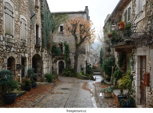 Narrow cobblestone street in a medieval village in Provence