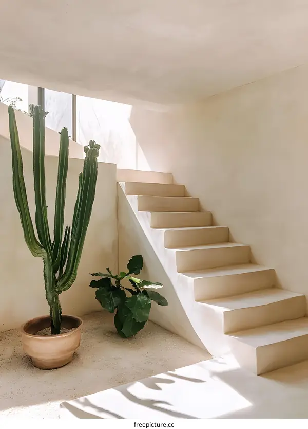 Minimalist Interior Design with Cactus and Staircase
