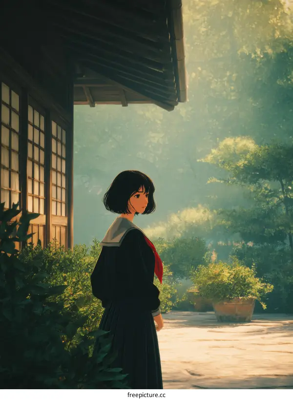 Japanese School Girl in a Peaceful Garden Setting