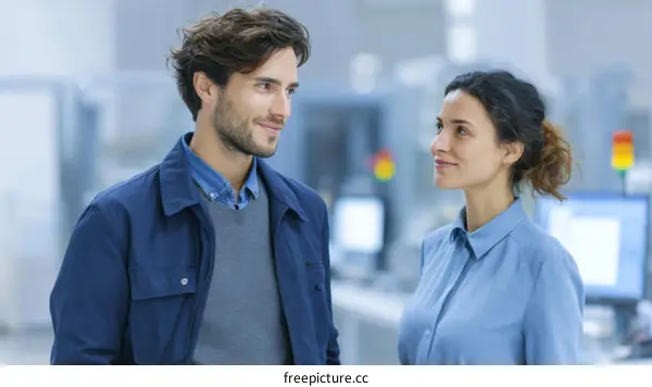 Two Caucasian Professionals in Conversation in a Modern Facility