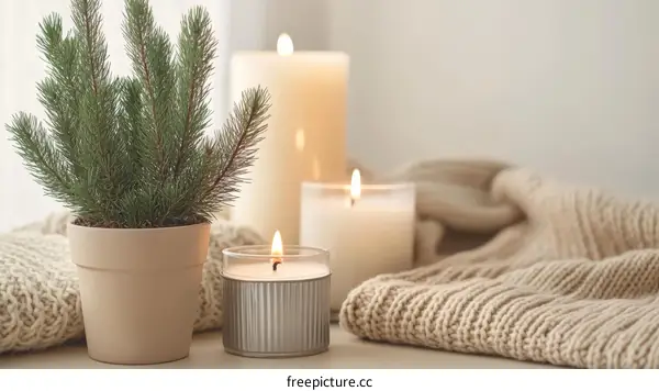 Cozy Winter Candles and Plants on a Table