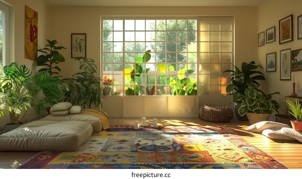 Indoor garden with large windows and a variety of plants