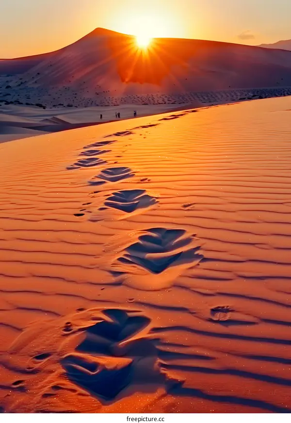 Footprints in the Sand at Sunset in the Desert