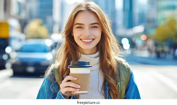 Smiling Young Woman Enjoying Coffee in City