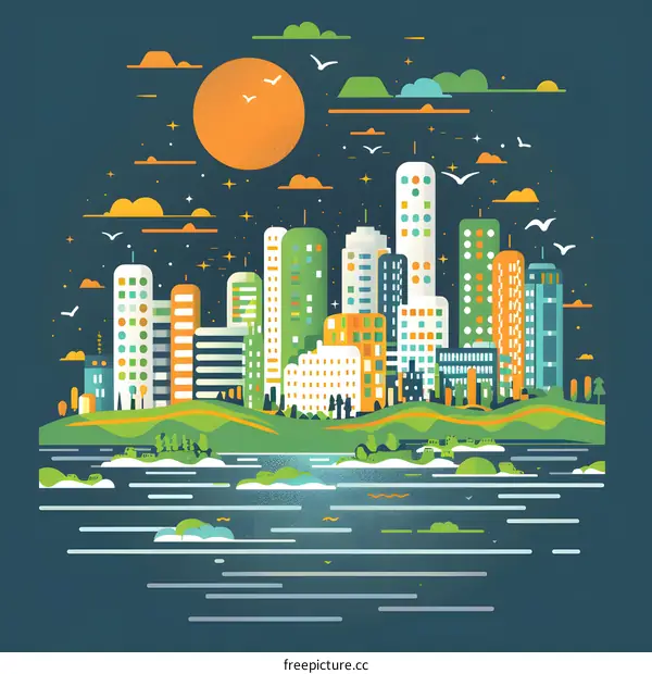 Night Cityscape Illustration with Sunset and Water