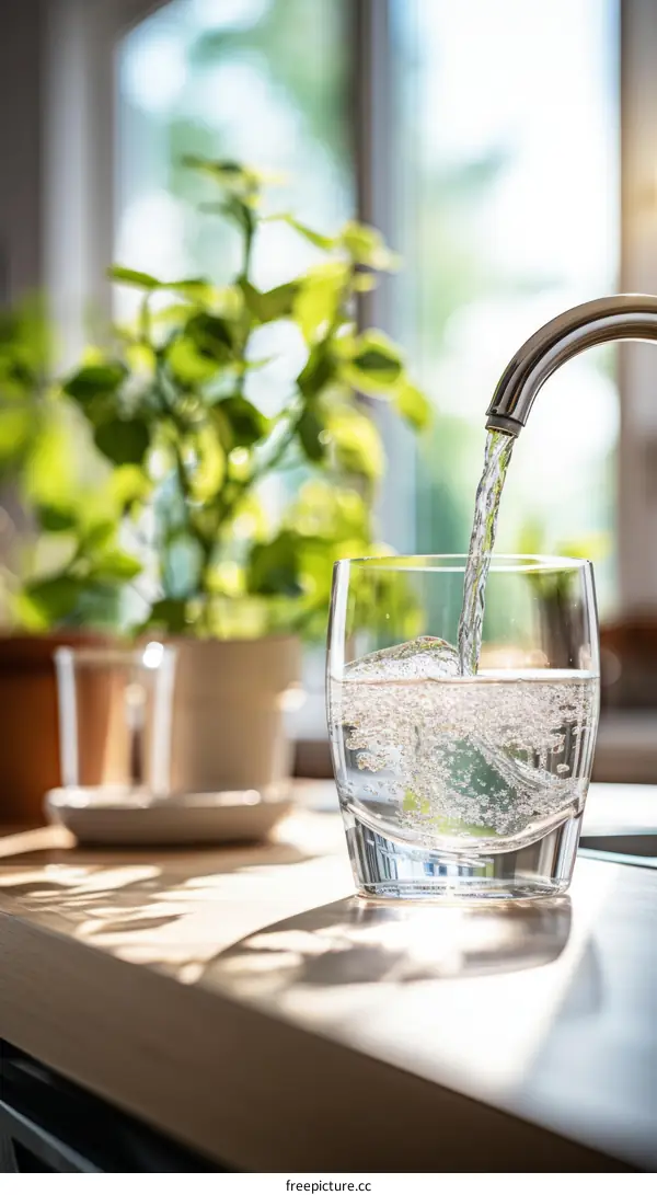 Transparent glass being filled with water from a kitchen faucet with a green plant in the background