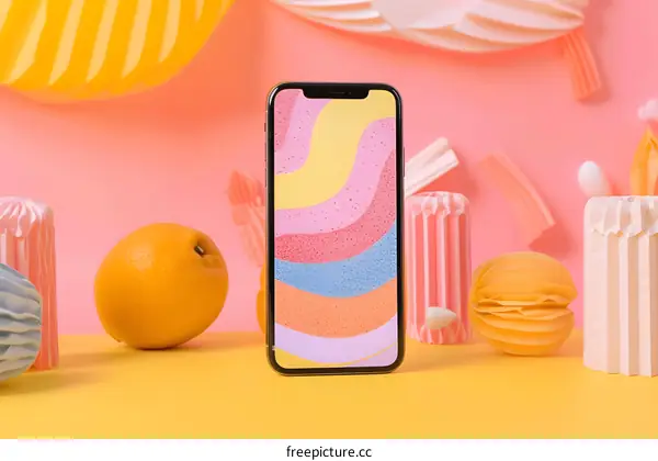 Smartphone with colorful abstract background on yellow and pink surface